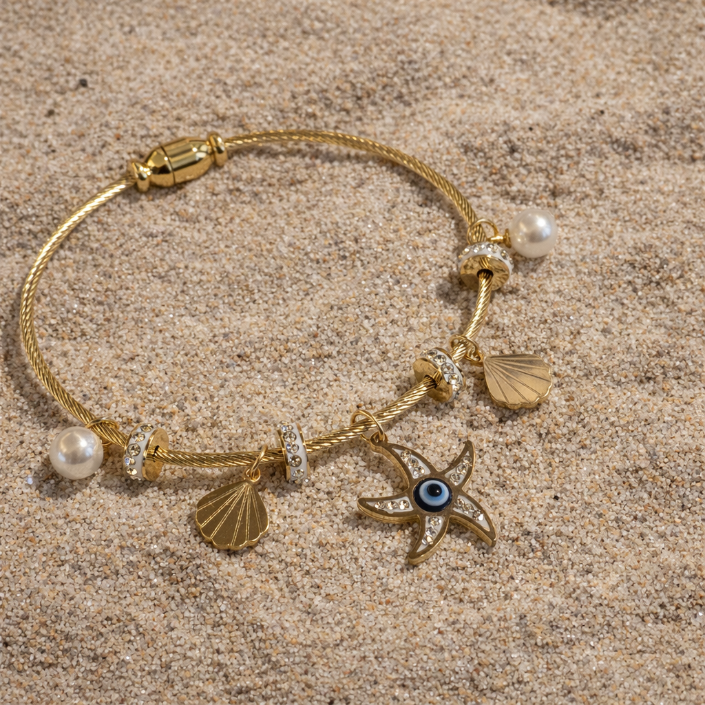 Beach Charm Bracelet with Evil Eye & Pearls