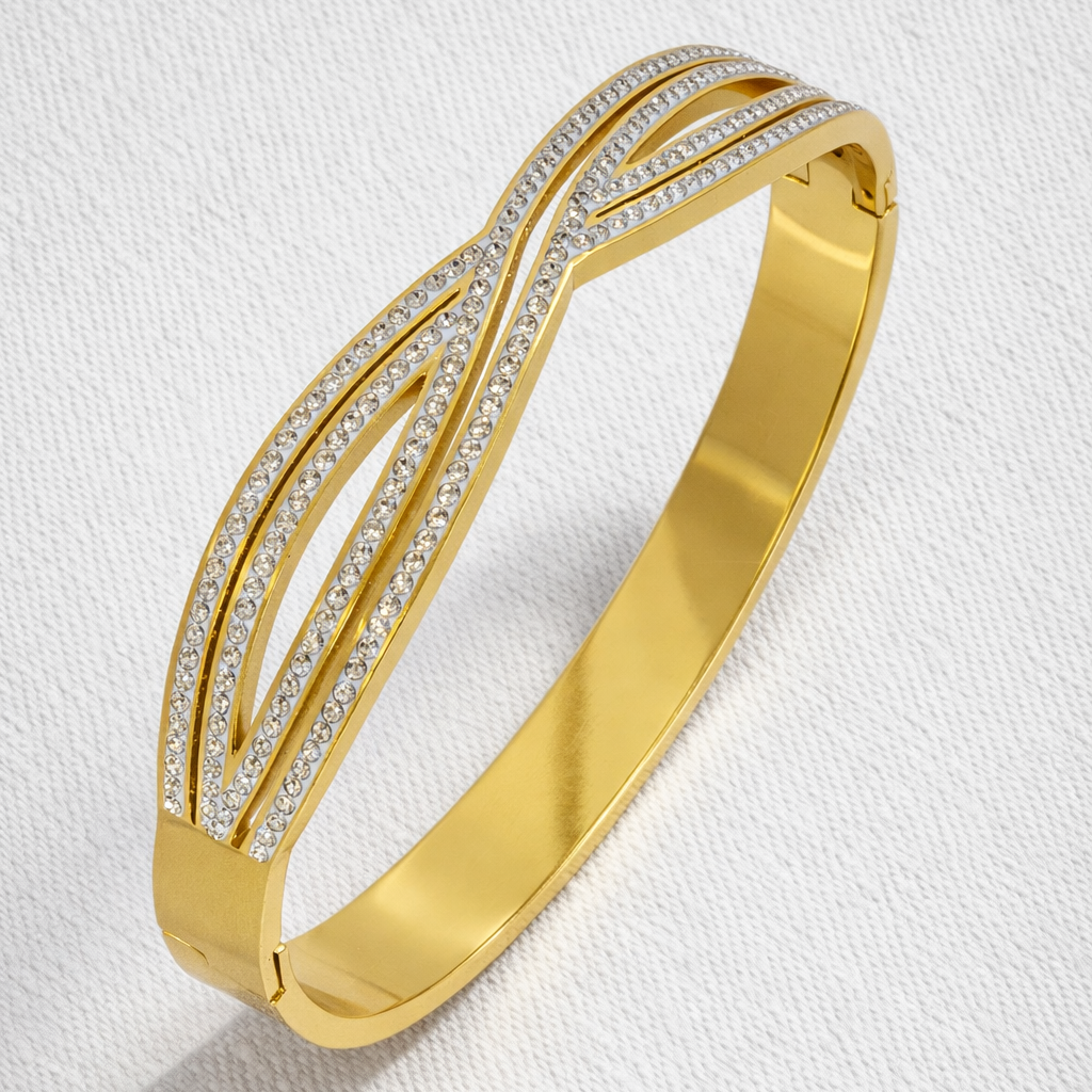 Golden Infinity Wave CZ Cuff Bracelet