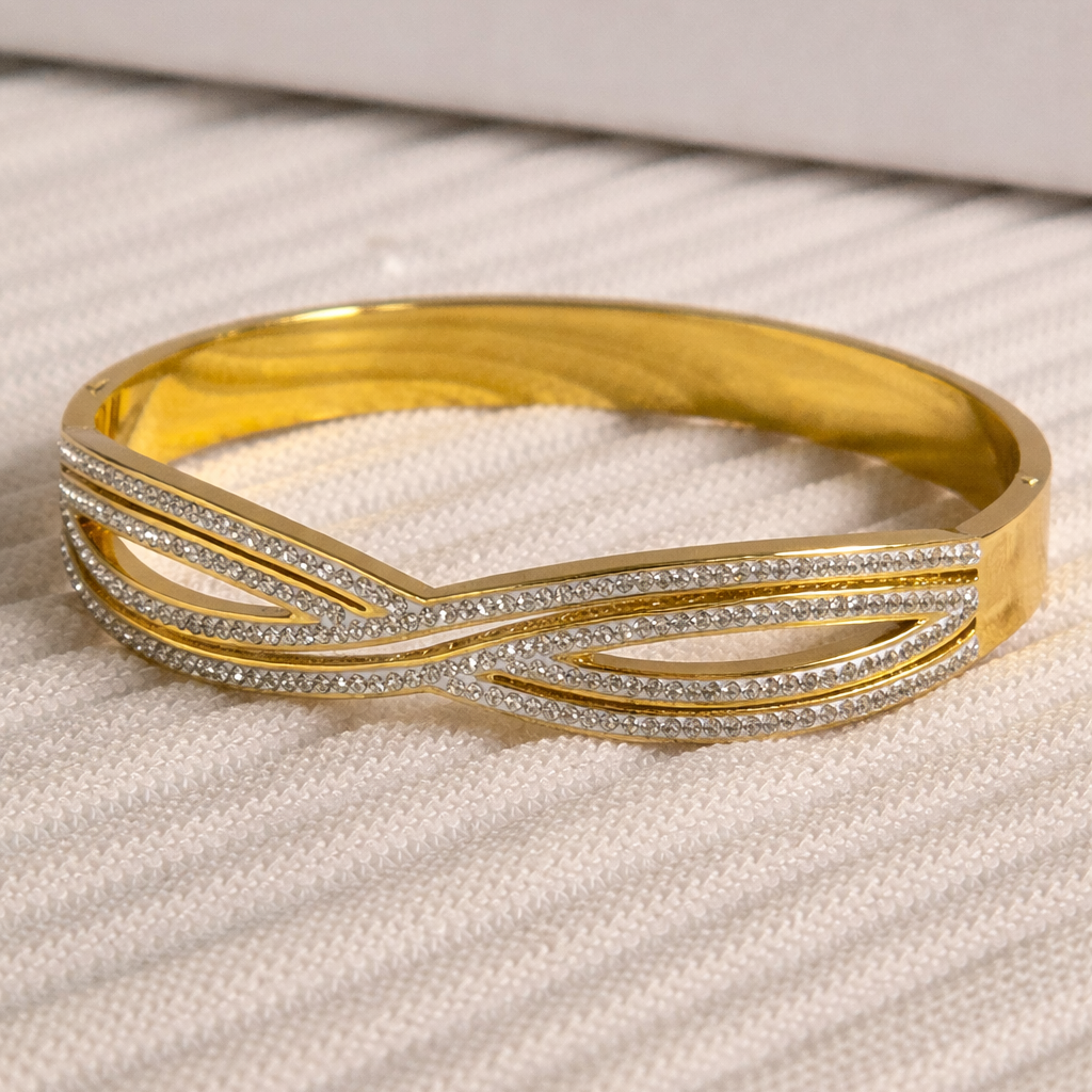Golden Infinity Wave CZ Cuff Bracelet