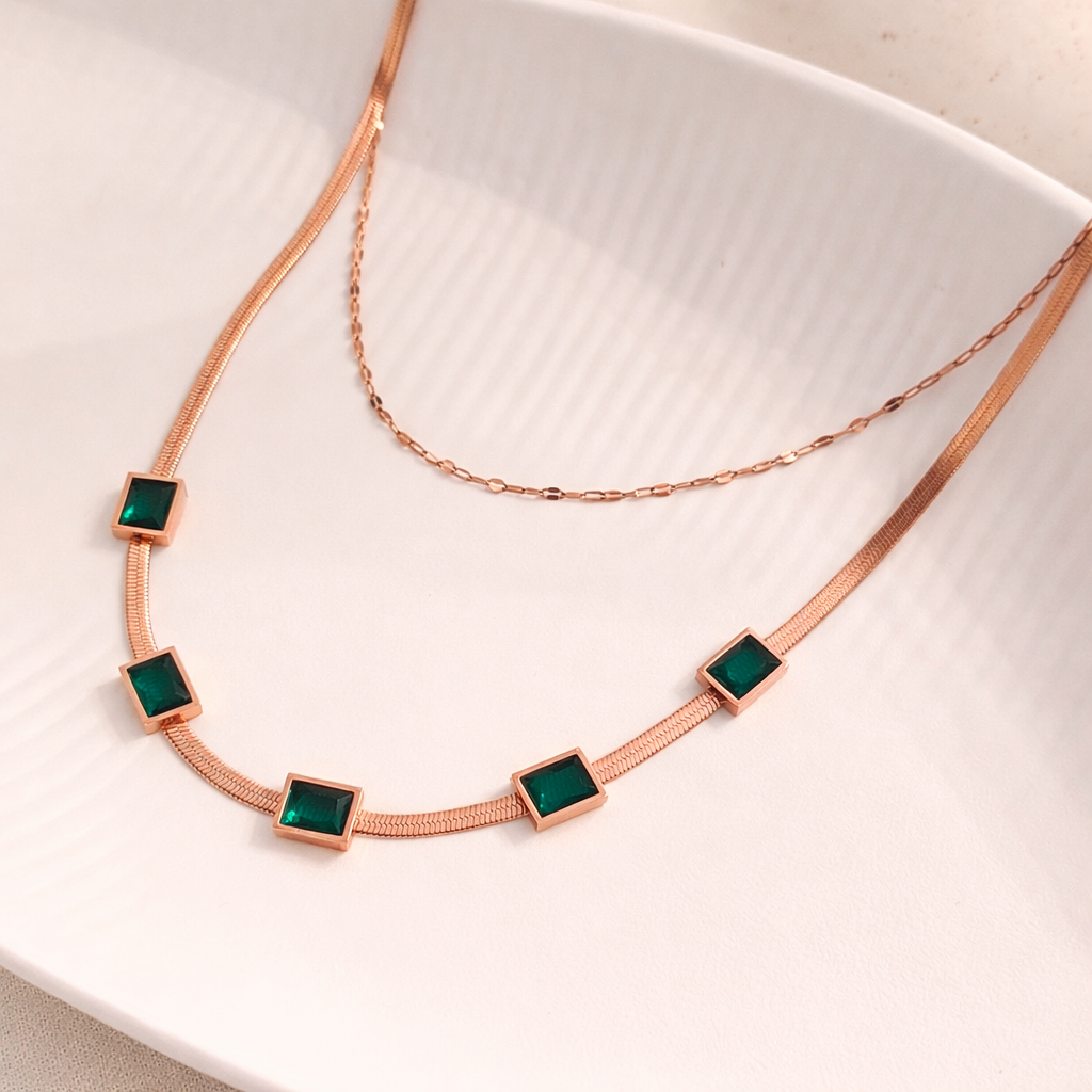Rose Gold Emerald Square Layered Necklace