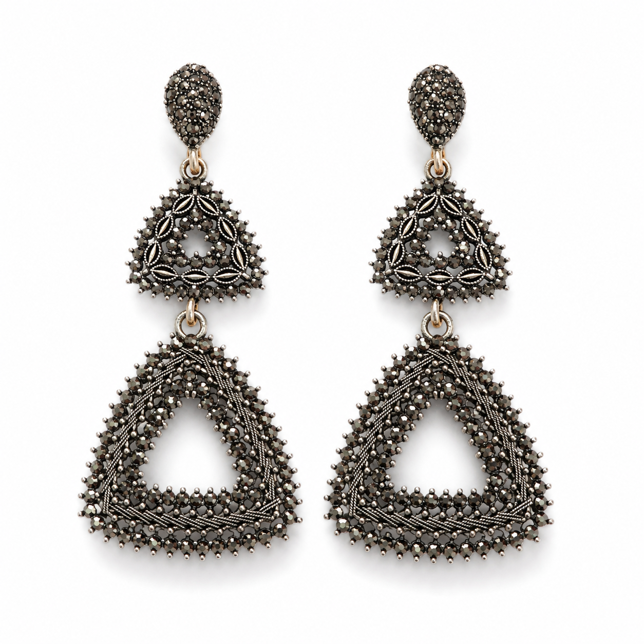 Vintage Triangle Statement Drop Earrings. Featuring intricate antique grey detailing with sparkling stone embellishments, these premium long earrings are perfect for festive wear, weddings, parties, and ethnic outfits. Lightweight yet bold, these designer earrings enhance every look with a stylish vintage charm. Oxidized jewellery