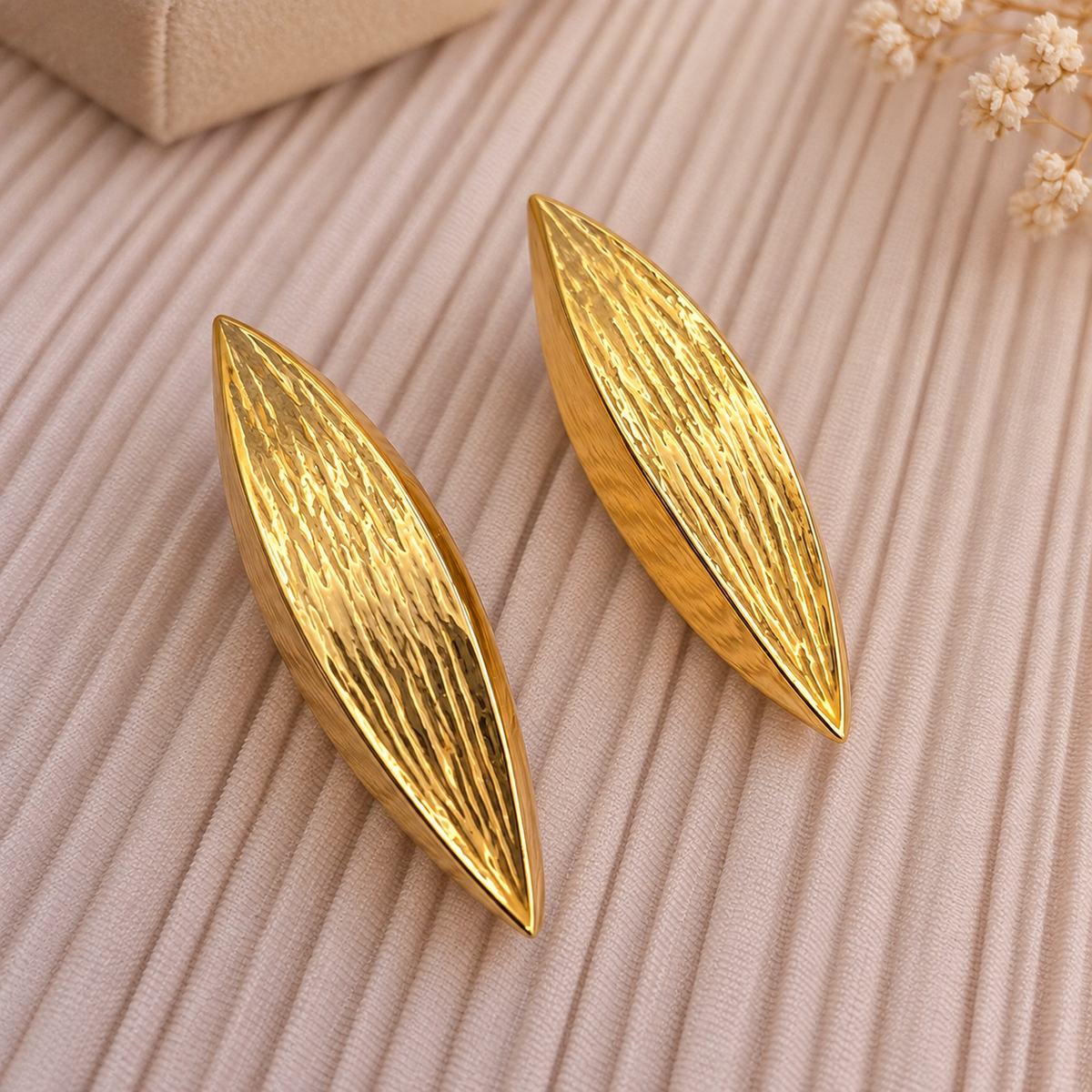 Golden Textured Leaf Stud Earrings