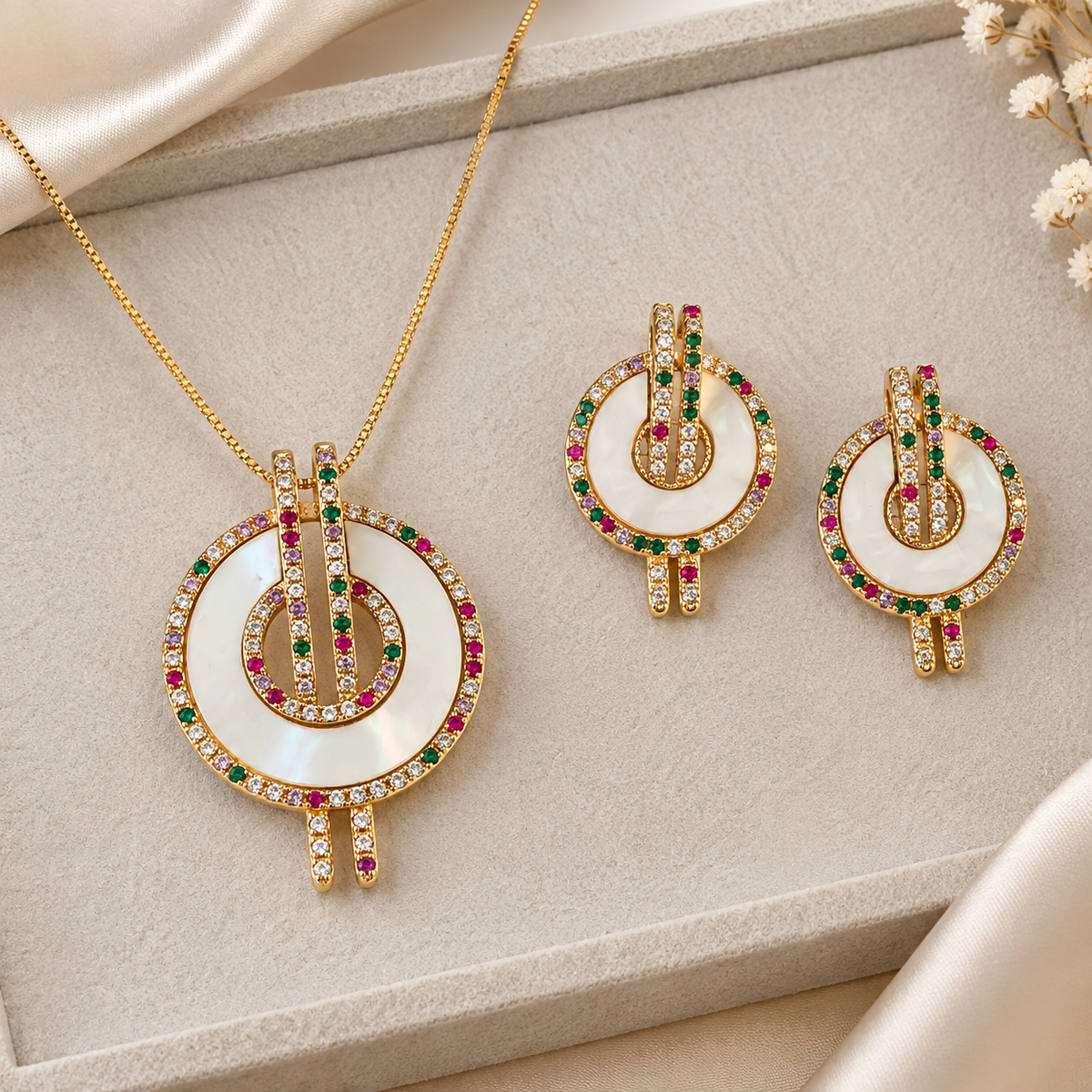 multicolor jewellery set, gold necklace set, necklace and earrings set, statement jewellery, fashion jewellery for women, colourful jewellery, gold plated jewellery, festive jewellery, designer jewellery, anti tarnish jewellery, trendy jewellery, women’s jewellery, pearl necklace set.