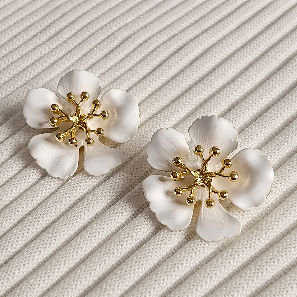 White Blossom Gold Stud Earrings