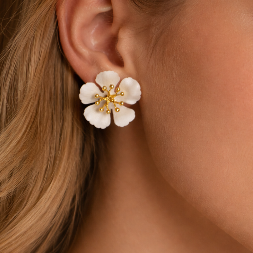 White Blossom Gold Stud Earrings