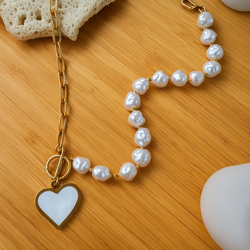 Pearl Heart Pendant Necklace – Gold Chain & Toggle Clasp