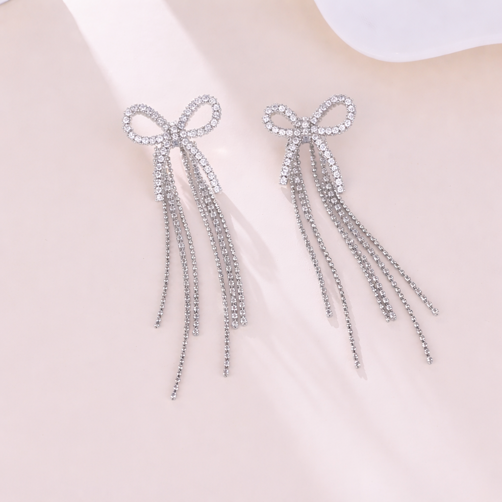 Silver Crystal Bow Tassel Earrings