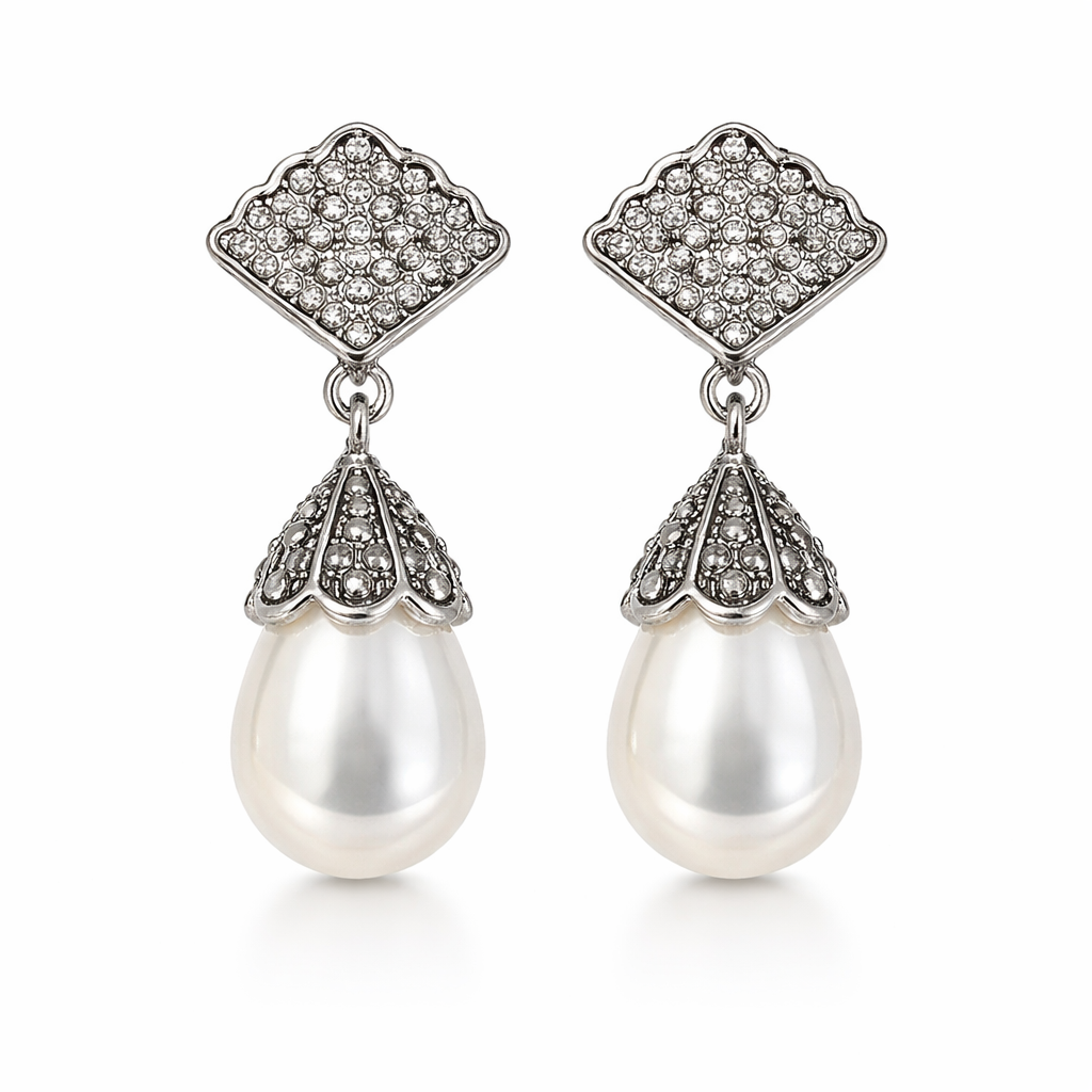 Vintage Pearl Drop Statement Earrings featuring elegant grey-toned crystal detailing and luxurious pearl drops. Perfect for weddings, parties, festive occasions, and evening wear, these premium earrings offer timeless charm with a modern designer touch. Lightweight, stylish, and crafted for all-day comfort.