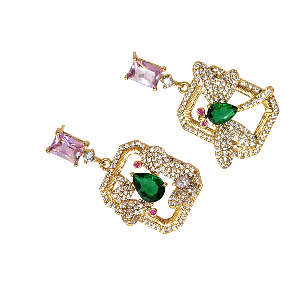 Emerald & Pink Drop Earrings