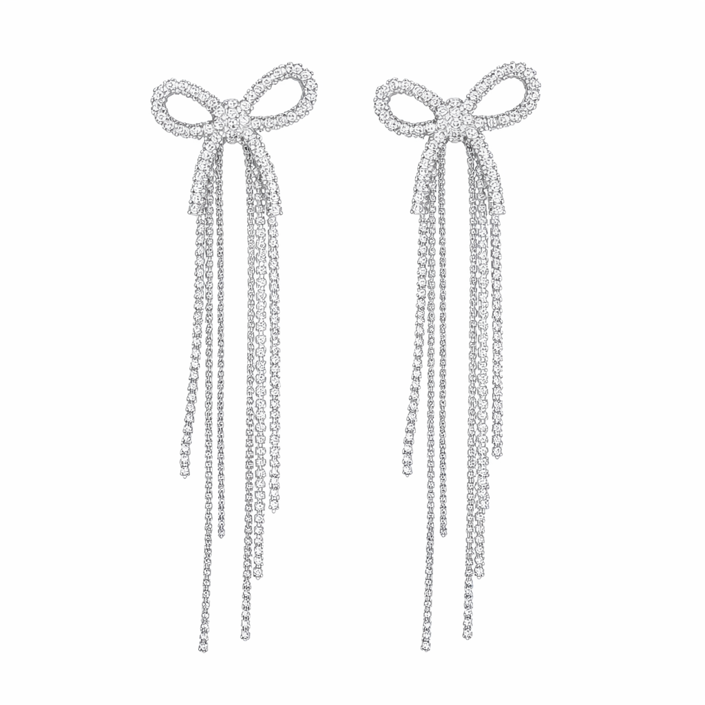 Silver Crystal Bow Tassel Earrings