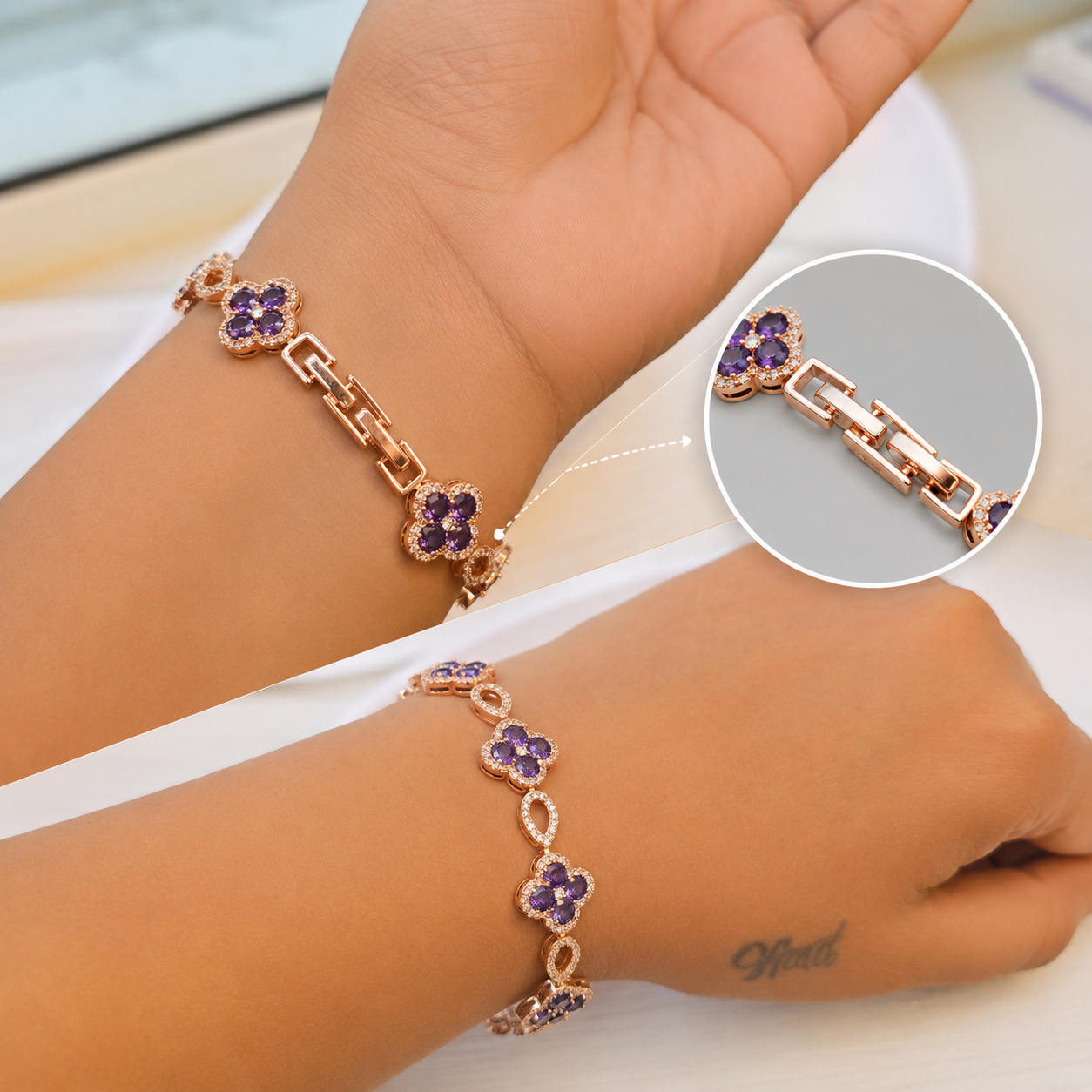 Amethyst Rose Gold  7 Clover Bracelet