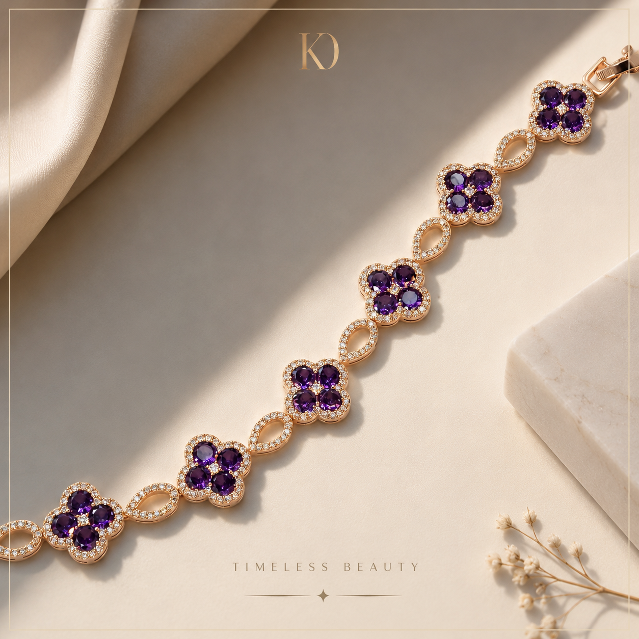 rose gold bracelet, floral bracelet for women, purple crystal bracelet, anti tarnish bracelet, stainless steel bracelet, luxury bracelet for women, flower charm bracelet, elegant bracelet, party wear bracelet, gift for her, premium fashion jewellery, DKANE Designs bracelet

