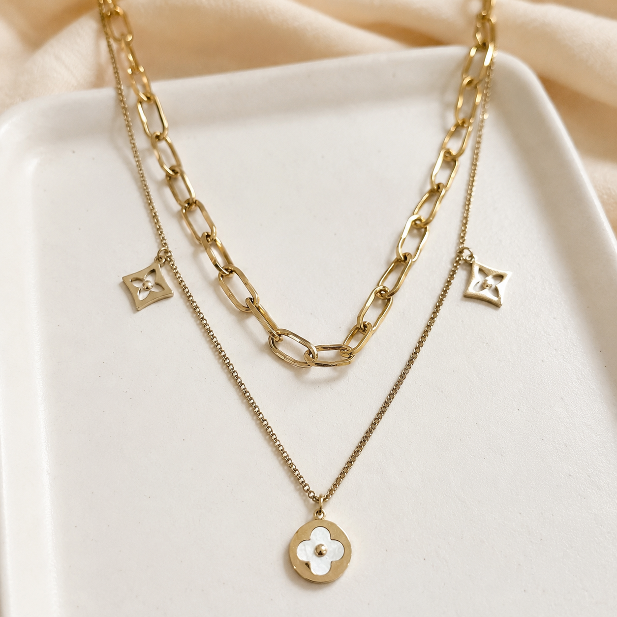 gold layered necklace, clover pendant necklace, trendy women necklace, gold plated necklace, layered chain necklace, minimalist jewellery, stylish necklace for women, paperclip chain necklace, everyday fashion jewellery, luxury layered necklace, korean style necklace, aesthetic jewellery, elegant gold necklace, girls fashion accessories, statement layered necklace, trendy jewellery for women, chic gold necklace, clover charm necklace, party wear necklace, DKANE DESIGNS jewellery