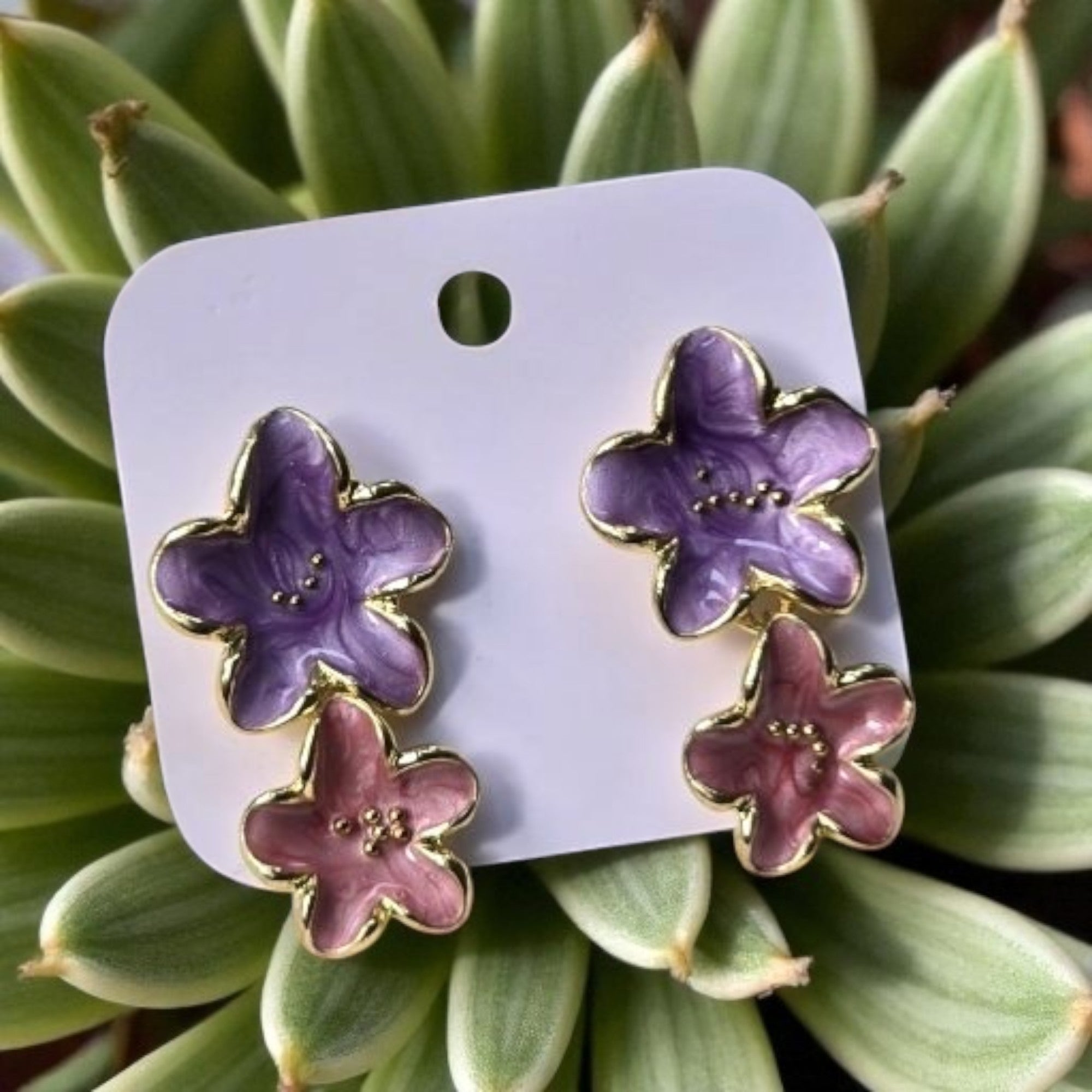 Purple & Pink Enamel Flower Statement Earrings